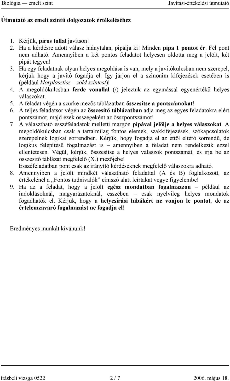 Ha egy feladatnak olyan helyes megoldása is van, mely a javítókulcsban nem szerepel, kérjük hogy a javító fogadja el.