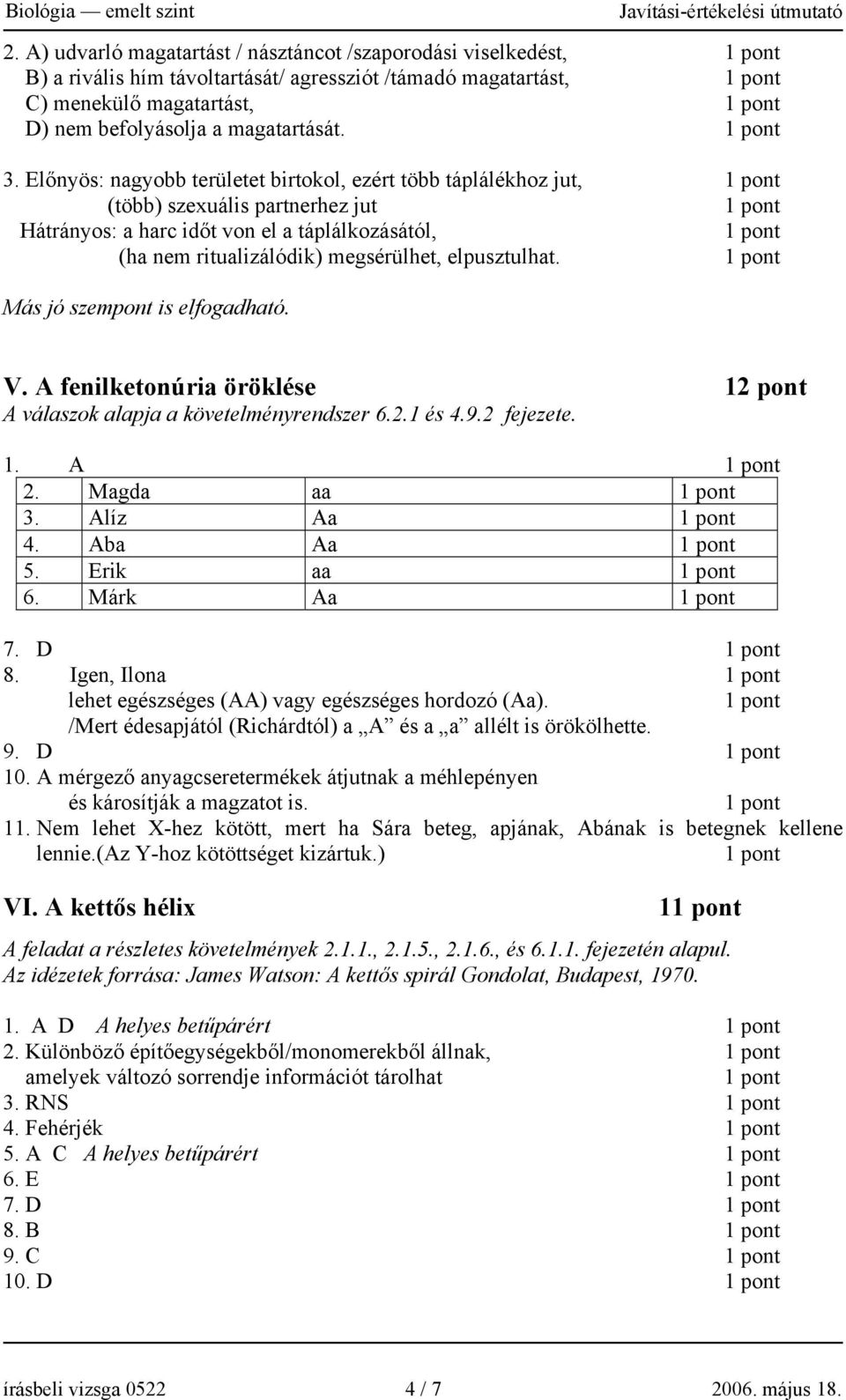 Más jó szempont is elfogadható. V. A fenilketonúria öröklése 12 pont A válaszok alapja a követelményrendszer 6.2.1 és 4.9.2 fejezete. 1. A 2. Magda aa 3. Alíz Aa 4. Aba Aa 5. Erik aa 6. Márk Aa 7.