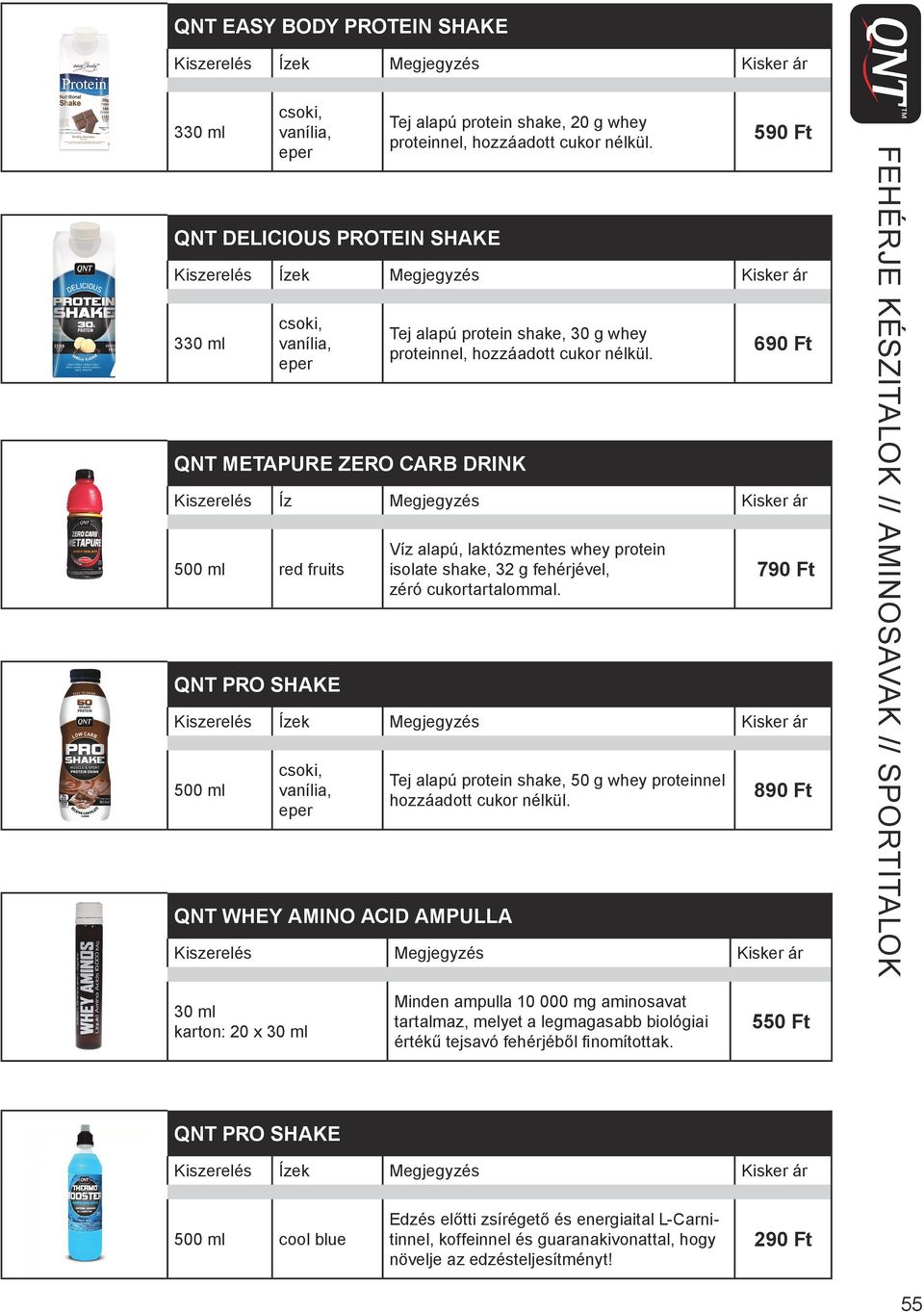 QNT METAPURE ZERO CARB DRINK 690 Ft Kiszerelés Íz Megjegyzés Kisker ár 500 ml red fruits QNT PRO SHAKE Víz alapú, laktózmentes whey protein isolate shake, 32 g fehérjével, zéró cukortartalommal.