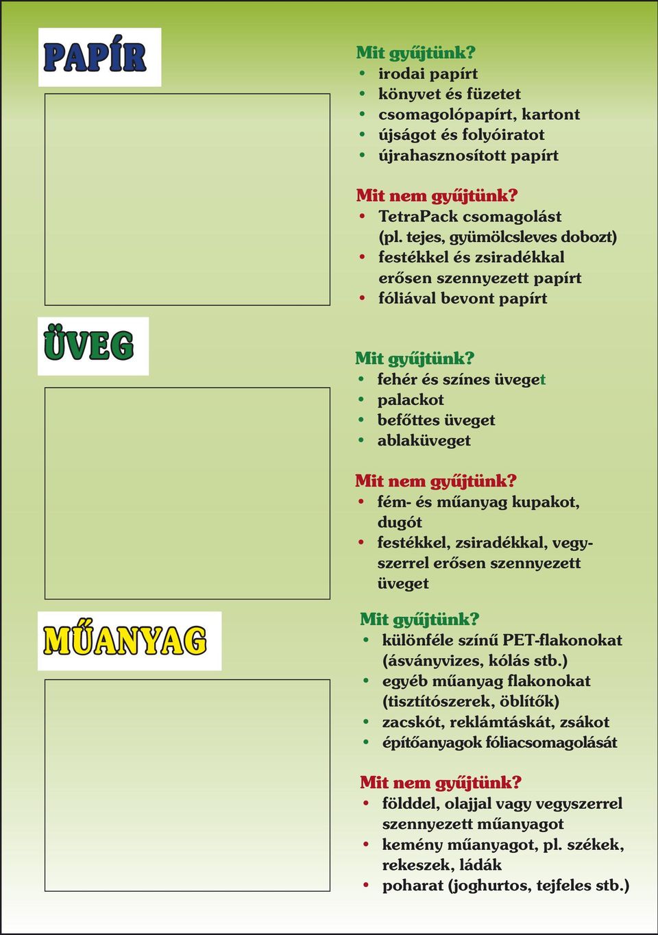 műanyag kupakot, dugót festékkel, zsiradékkal, vegyszerrel erősen szennyezett üveget MŰANYAG különféle színű PET-flakonokat (ásványvizes, kólás stb.