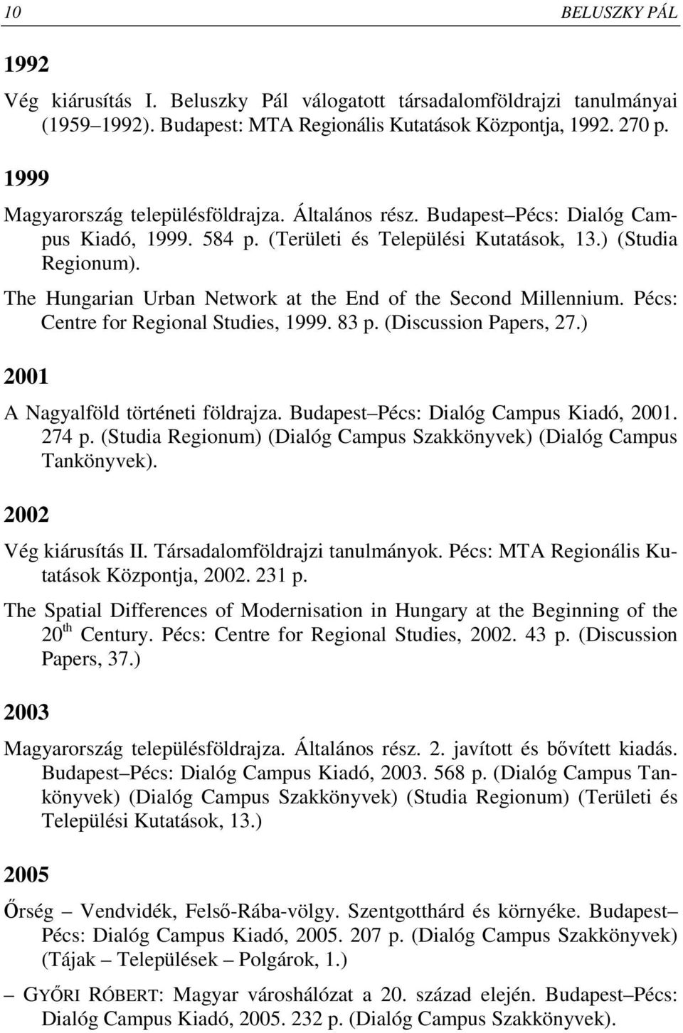 The Hungarian Urban Network at the End of the Second Millennium. Pécs: Centre for Regional Studies, 1999. 83 p. (Discussion Papers, 27.) 2001 A Nagyalföld történeti földrajza.
