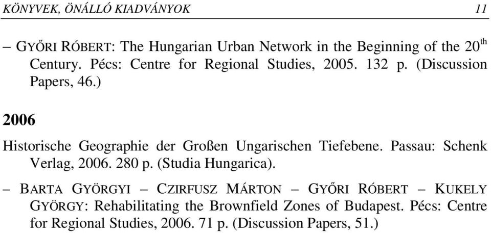 ) 2006 Historische Geographie der Großen Ungarischen Tiefebene. Passau: Schenk Verlag, 2006. 280 p. (Studia Hungarica).