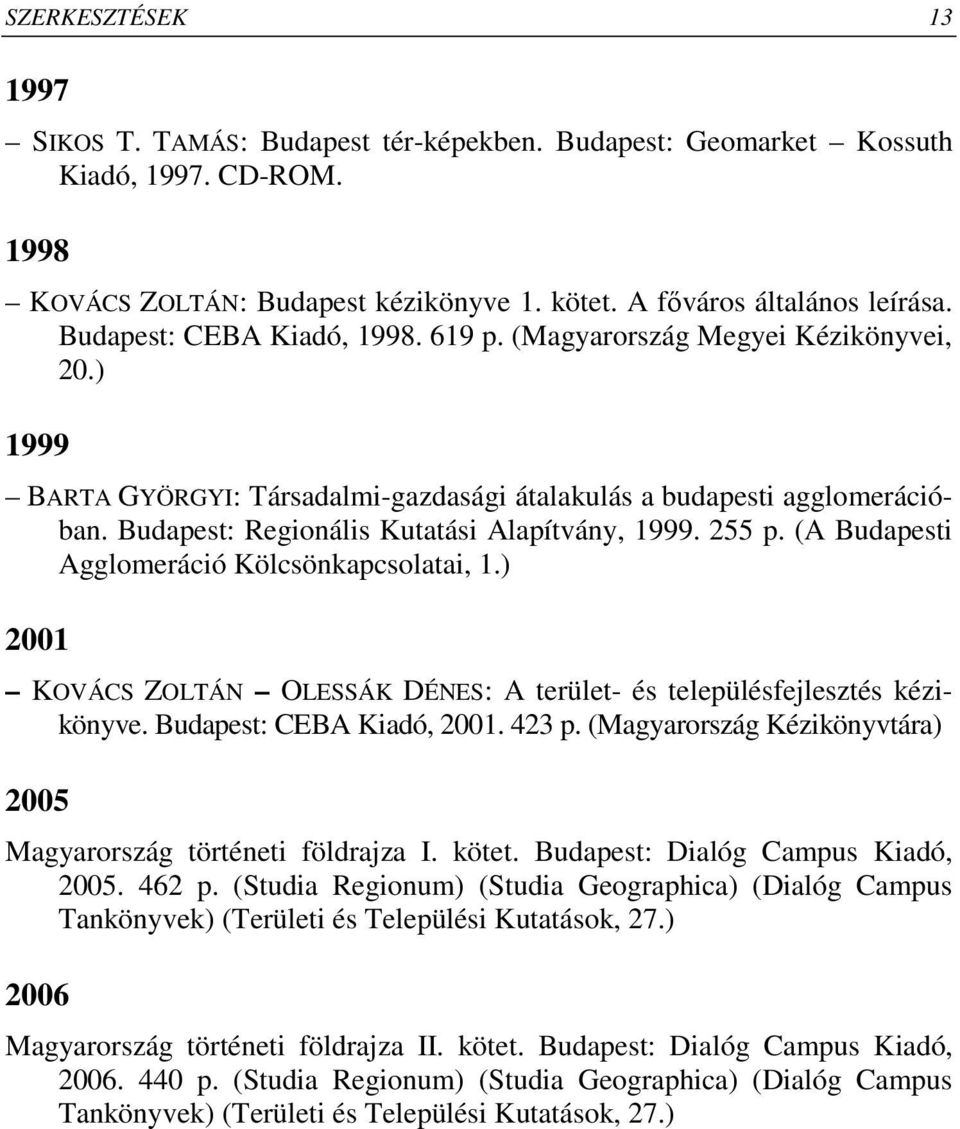 Budapest: Regionális Kutatási Alapítvány, 1999. 255 p. (A Budapesti Agglomeráció Kölcsönkapcsolatai, 1.) 2001 KOVÁCS ZOLTÁN OLESSÁK DÉNES: A terület- és településfejlesztés kézikönyve.