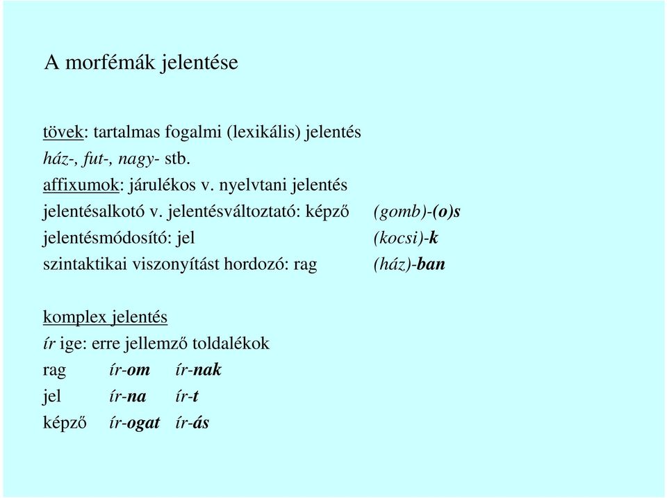 jelentésváltoztató: képzı (gomb)-(o)s jelentésmódosító: jel (kocsi)-k szintaktikai