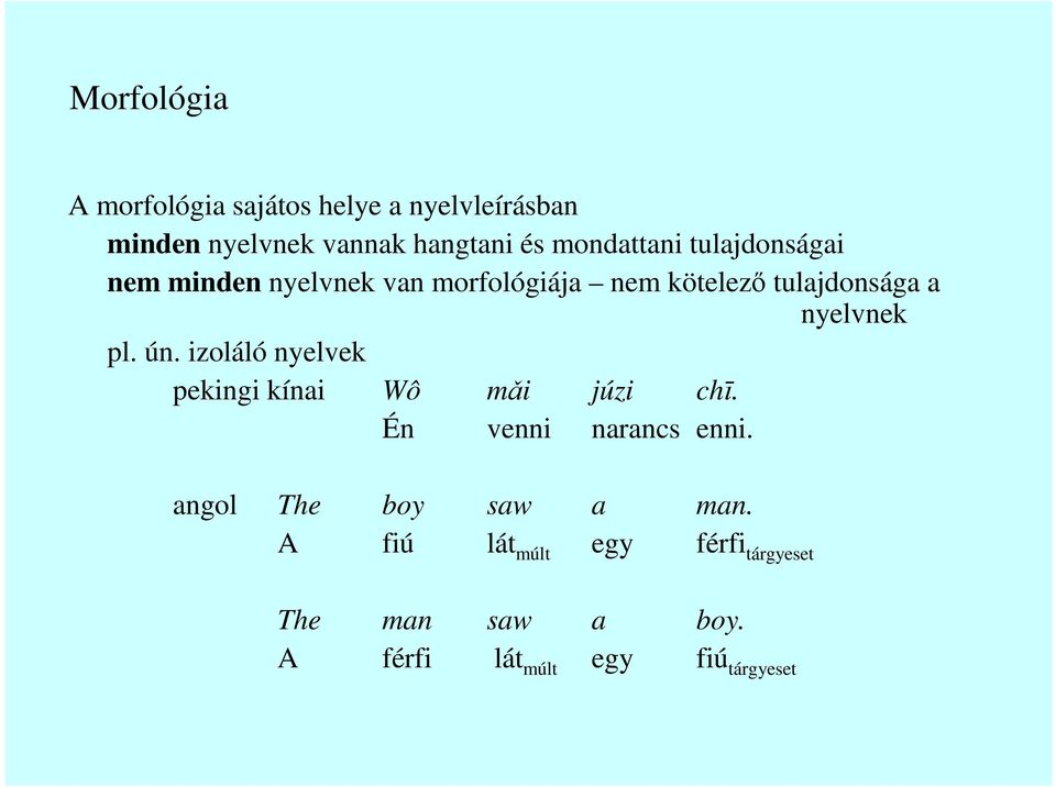 nyelvnek pl. ún. izoláló nyelvek pekingi kínai Wô mǎi júzi chī. Én venni narancs enni.