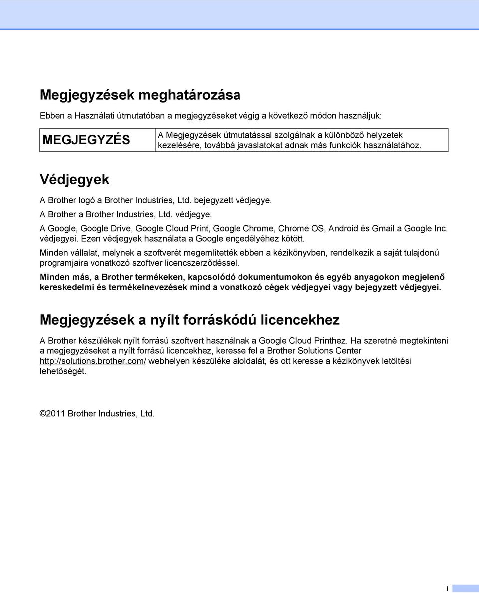 A Brother a Brother Industries, Ltd. védjegye. A Google, Google Drive, Google Cloud Print, Google Chrome, Chrome OS, Android és Gmail a Google Inc. védjegyei.