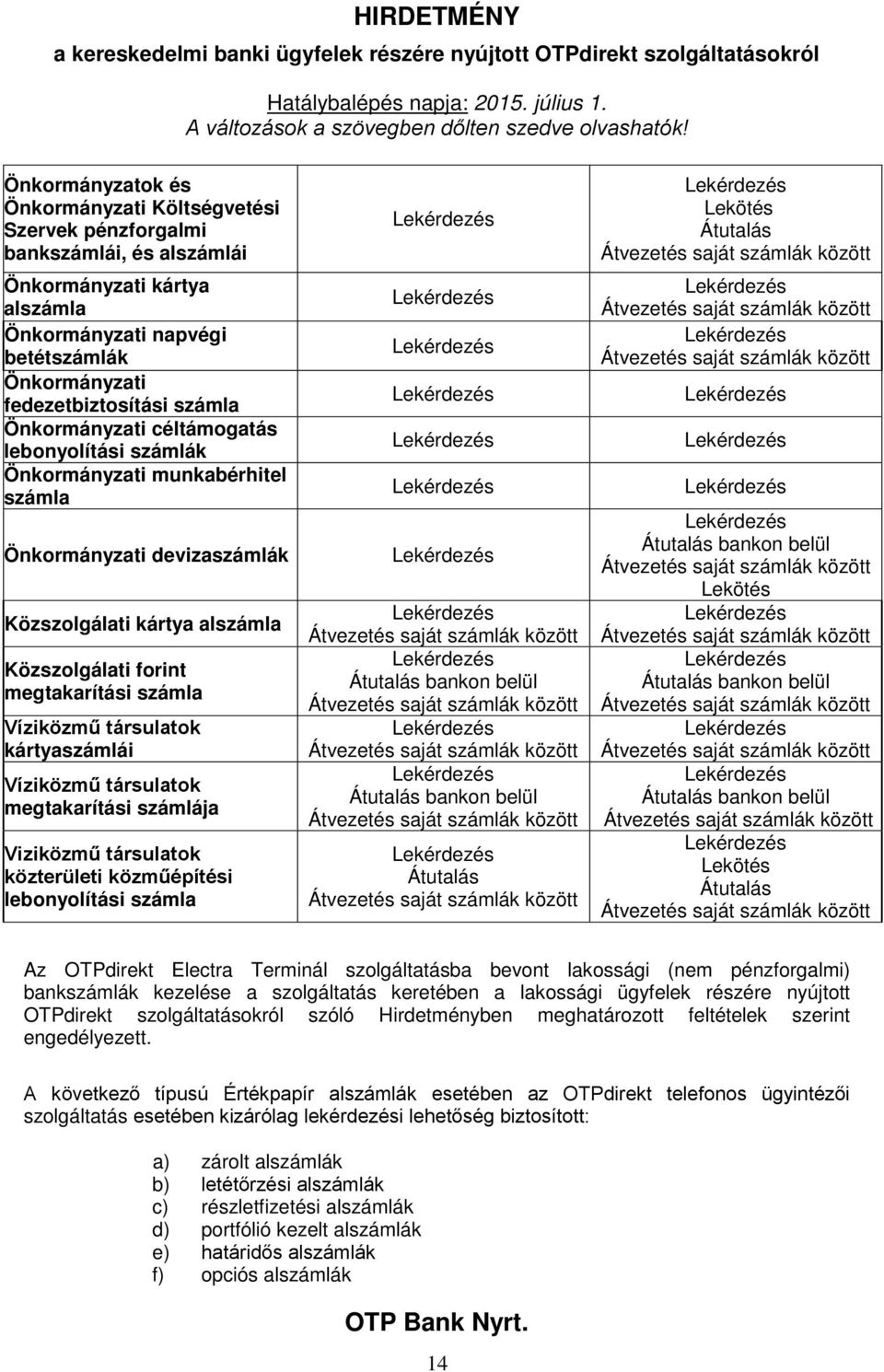 társulatok kártyaszámlái Víziközmű társulatok megtakarítási számlája Viziközmű társulatok közterületi közműépítési lebonyolítási számla Átutalás bankon belül Átutalás bankon belül Átutalás Lekötés