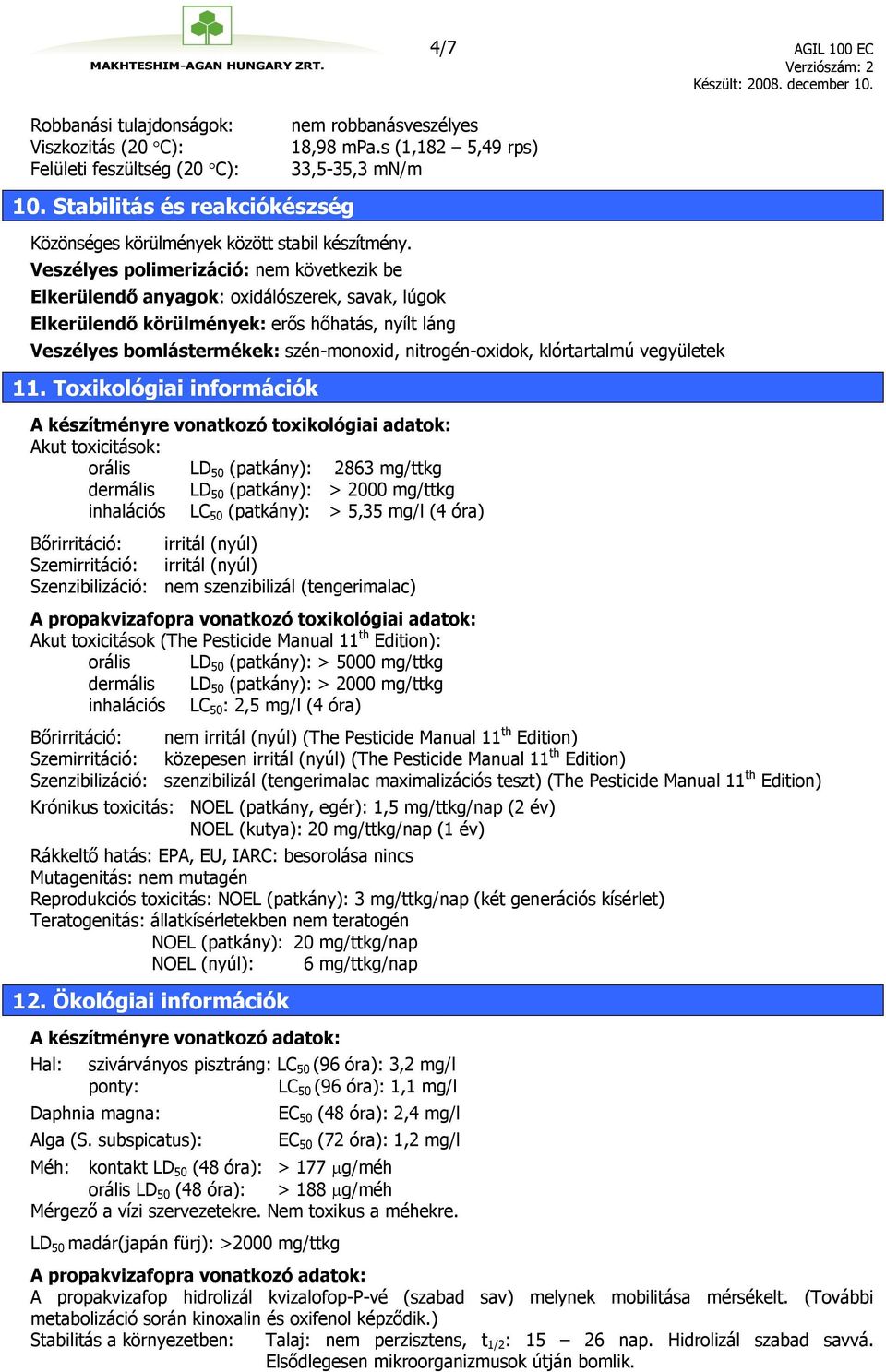 s (1,182 5,49 rps) 33,5-35,3 mn/m Elkerülendő anyagok: oxidálószerek, savak, lúgok Elkerülendő körülmények: erős hőhatás, nyílt láng Veszélyes bomlástermékek: szén-monoxid, nitrogén-oxidok,