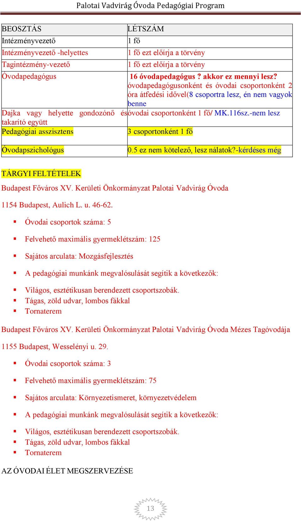 -nem lesz takarító együtt Pedagógiai asszisztens 3 csoportonként 1 fő Óvodapszichológus 0.5 ez nem kötelező, lesz nálatok?-kérdéses még TÁRGYI FELTÉTELEK Budapest Főváros XV.