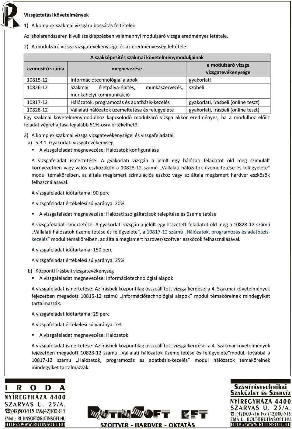 Információtechnológiai alapok gyakorlati 10826-12 Szakmai életpálya-építés, munkaszervezés, szóbeli munkahelyi kommunikáció 10817-12 Hálózatok, programozás és adatbázis-kezelés gyakorlati, írásbeli