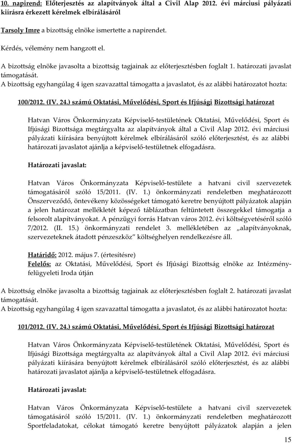 ) számú Oktatási, Művelődési, Sport és Ifjúsági Bizottsági határozat Ifjúsági Bizottsága megtárgyalta az alapítványok által a Civil Alap 2012.