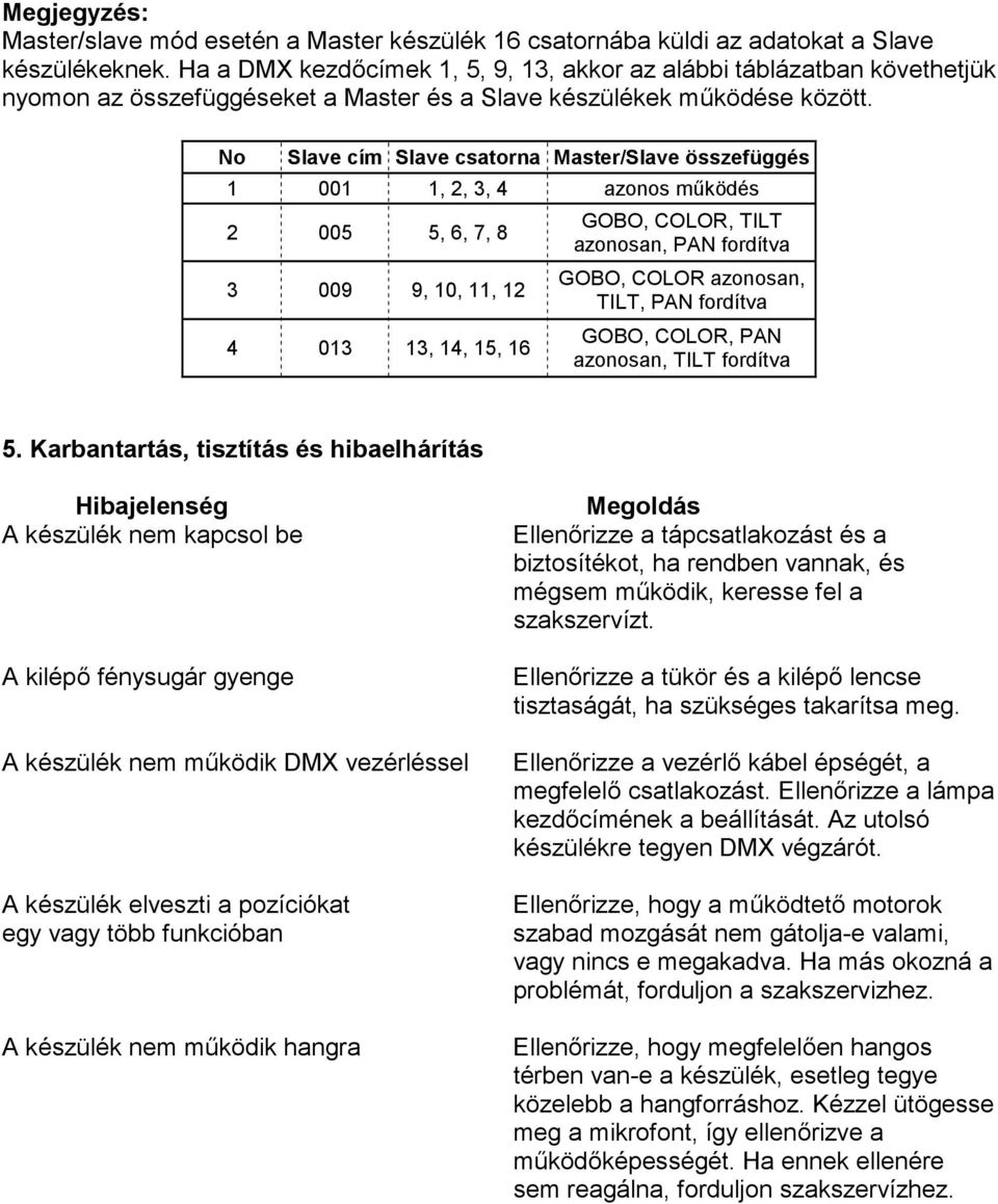 No Slave cím Slave csatorna Master/Slave összefüggés 1 001 1, 2, 3, 4 azonos működés 2 005 5, 6, 7, 8 3 009 9, 10, 11, 12 4 013 13, 14, 15, 16 GOBO, COLOR, TILT azonosan, PAN fordítva GOBO, COLOR