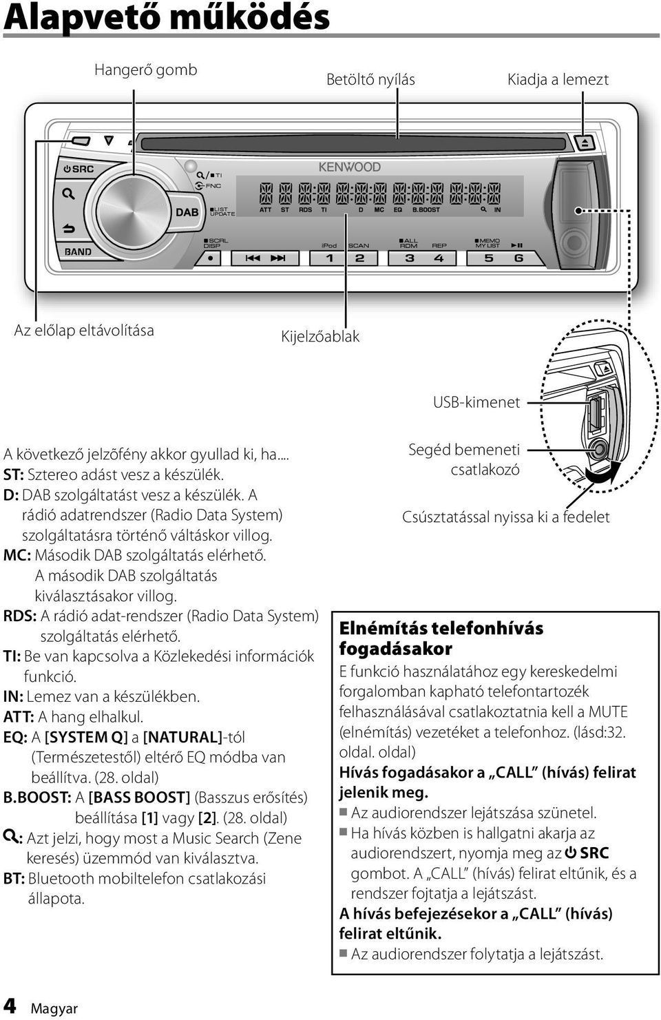 A második DAB szolgáltatás kiválasztásakor villog. RDS: A rádió adat-rendszer (Radio Data System) szolgáltatás elérhető. TI: Be van kapcsolva a Közlekedési információk funkció.