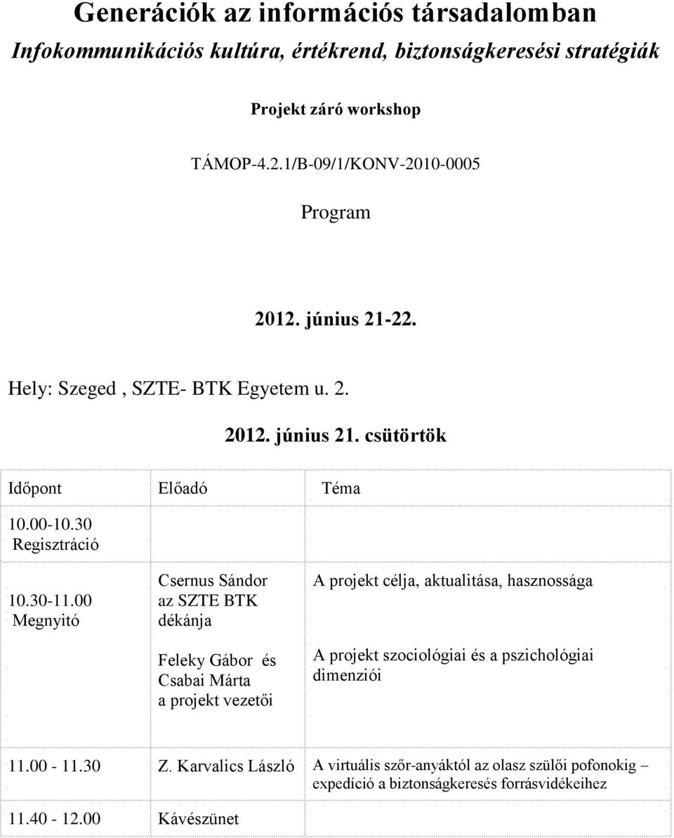 00 Megnyitó Csernus Sándor az SZTE BTK dékánja Feleky Gábor és Csabai Márta a projekt vezetői A projekt célja, aktualitása, hasznossága A projekt