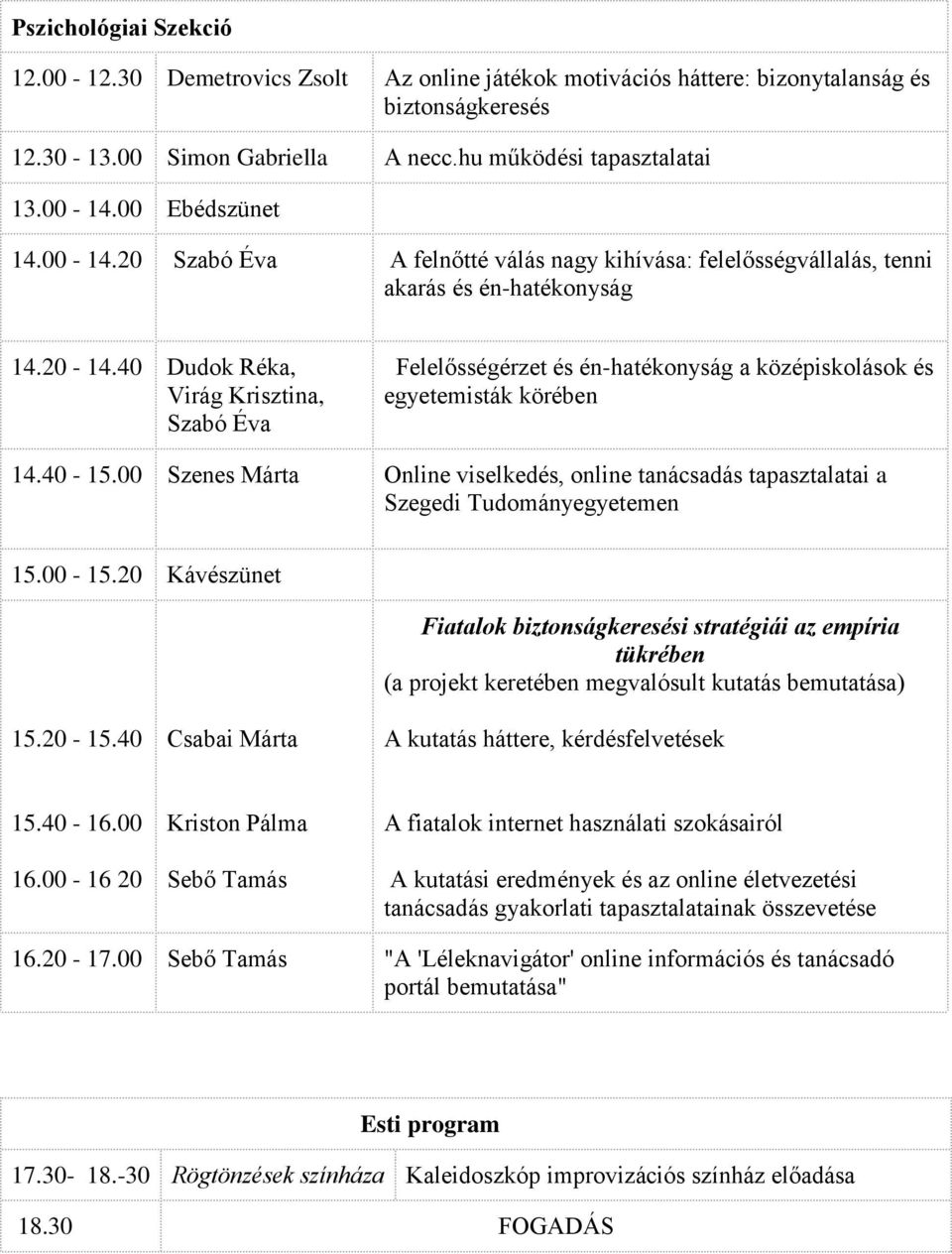 40 Dudok Réka, Virág Krisztina, Szabó Éva Felelősségérzet és én-hatékonyság a középiskolások és egyetemisták körében 14.40-15.