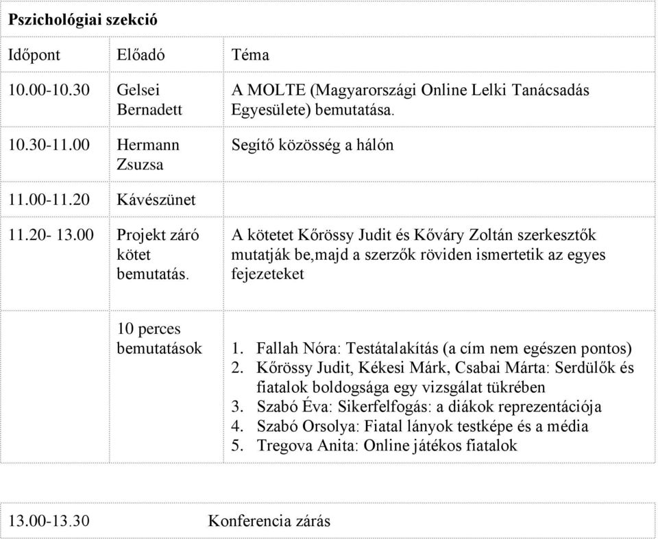 A kötetet Kőrössy Judit és Kőváry Zoltán szerkesztők mutatják be,majd a szerzők röviden ismertetik az egyes fejezeteket 10 perces bemutatások 1.