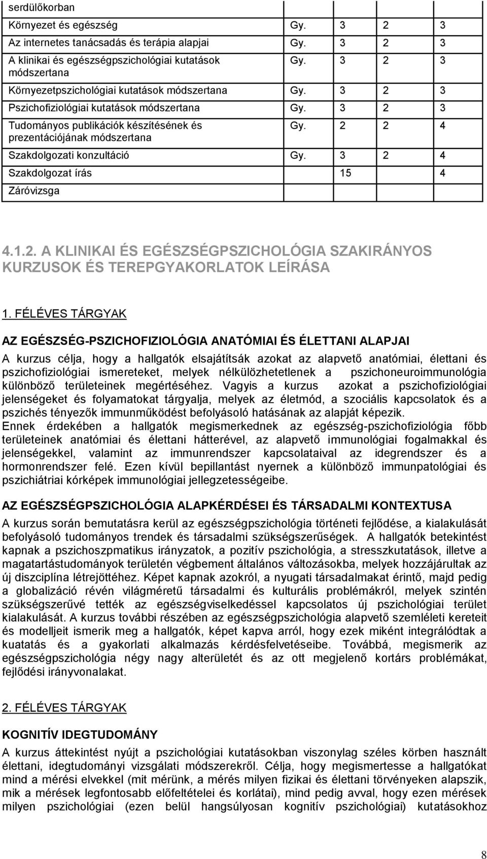 2 2 4 Szakdolgozati konzultáció Gy. 3 2 4 Szakdolgozat írás 15 4 Záróvizsga 4.1.2. A KLINIKAI ÉS EGÉSZSÉGPSZICHOLÓGIA SZAKIRÁNYOS KURZUSOK ÉS TEREPGYAKORLATOK LEÍRÁSA 1.