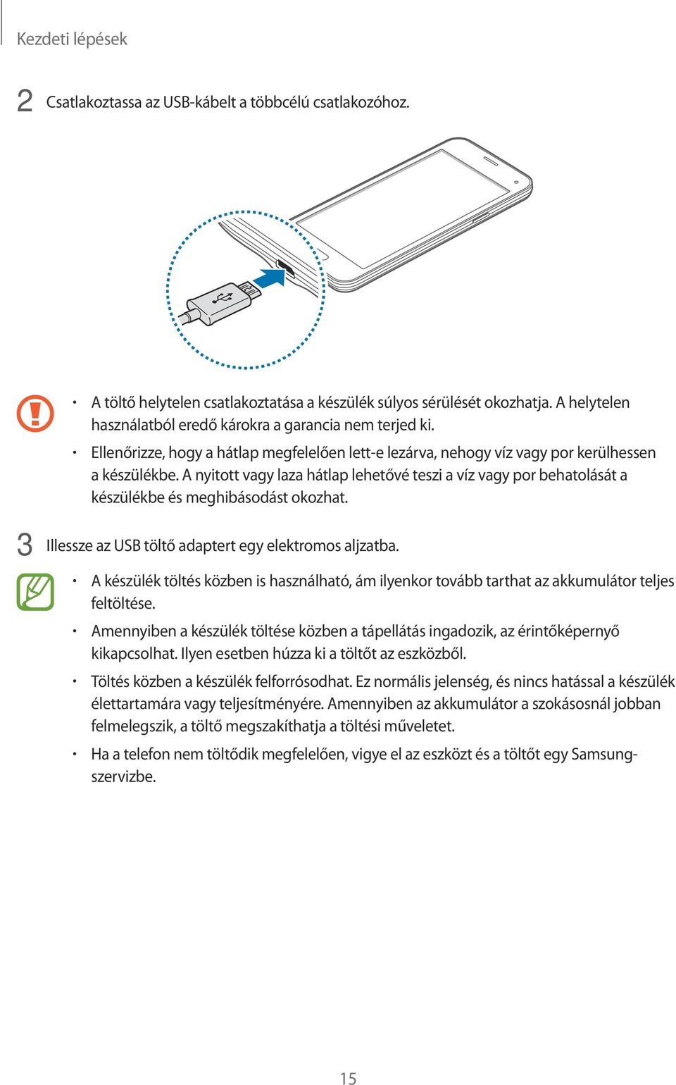 A nyitott vagy laza hátlap lehetővé teszi a víz vagy por behatolását a készülékbe és meghibásodást okozhat. 3 Illessze az USB töltő adaptert egy elektromos aljzatba.