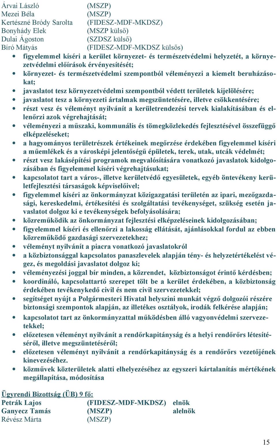 védett területek kijelölésére; javaslatot tesz a környezeti ártalmak megszüntetésére, illetve csökkentésére; részt vesz és véleményt nyilvánít a kerületrendezési tervek kialakításában és ellenőrzi