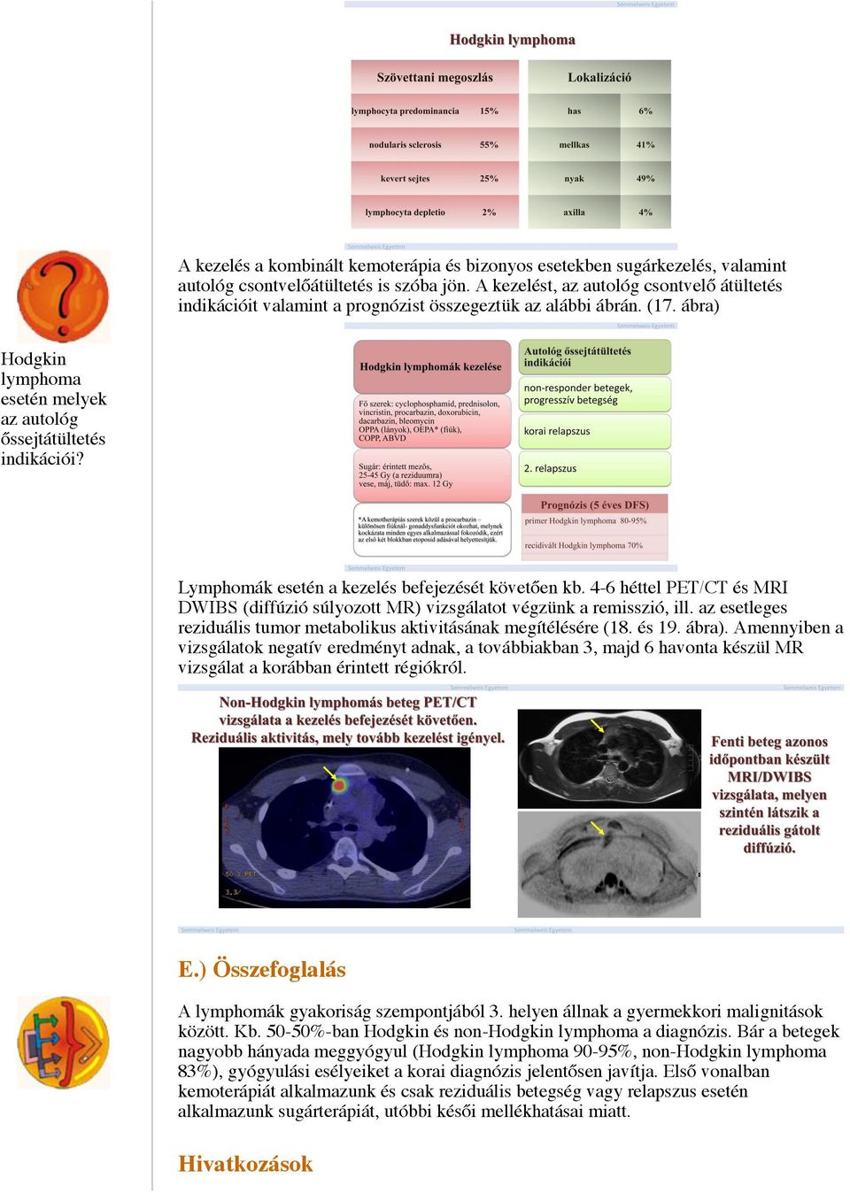 Lymphomák esetén a kezelés befejezését követően kb. 4-6 héttel PET/CT és MRI DWIBS (diffúzió súlyozott MR) vizsgálatot végzünk a remisszió, ill.