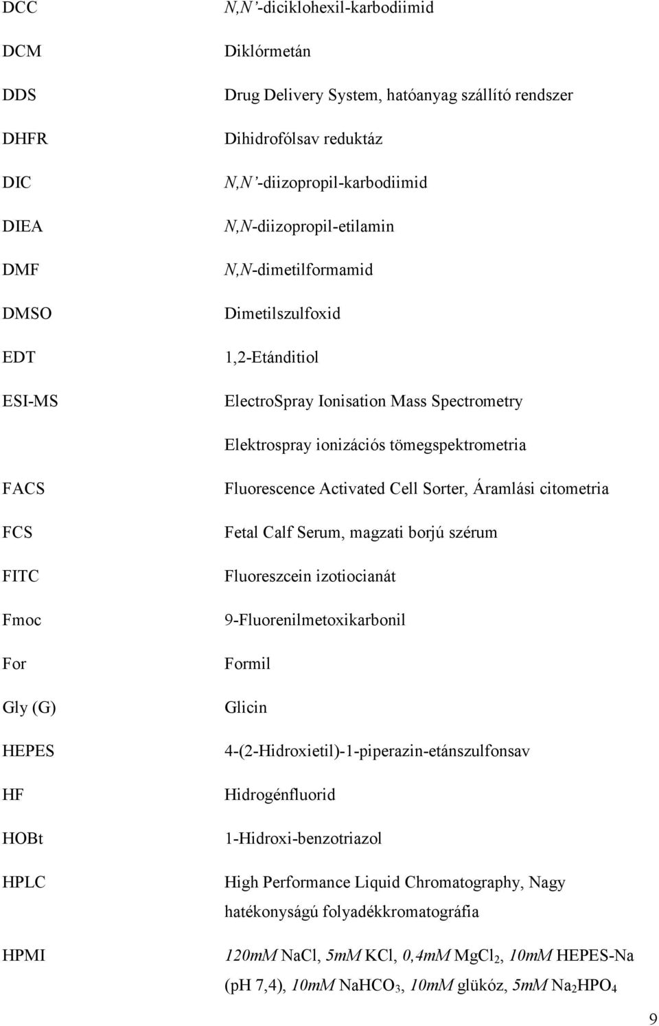 HF HOBt HPLC HPMI Fluorescence Activated Cell Sorter, Áramlási citometria Fetal Calf Serum, magzati borjú szérum Fluoreszcein izotiocianát 9-Fluorenilmetoxikarbonil Formil Glicin