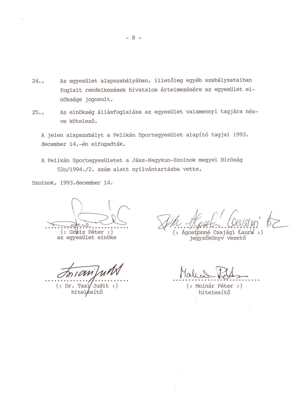 , Az elnökség állásfoglalása az egyesület valamennyi tagjára nézve kötelezo. A jelen alapszabályt a Pelikán Sportegyesület alapító tagjai 1993.