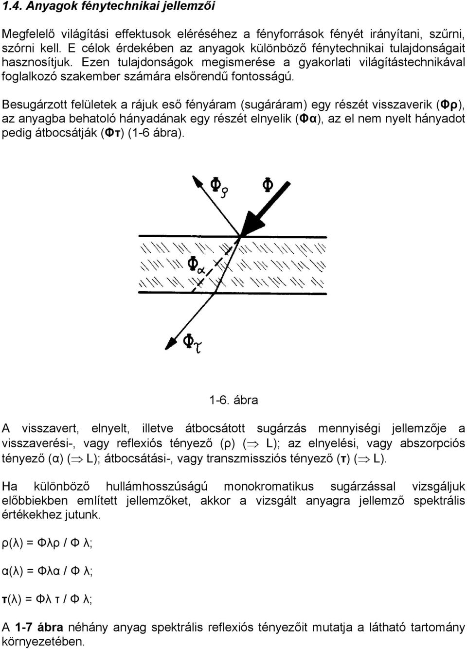 Besugárzott felületek a rájuk eső fényáram (sugáráram) egy részét visszaverik (Φρ), az anyagba behatoló hányadának egy részét elnyelik (Φα), az el nem nyelt hányadot pedig átbocsátják (Φτ) (1-6 ábra).