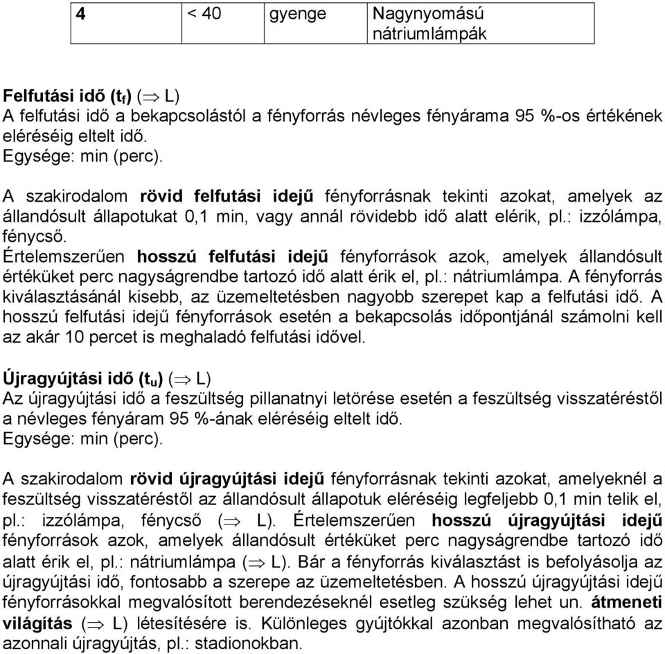 Értelemszerűen hosszú felfutási idejű fényforrások azok, amelyek állandósult értéküket perc nagyságrendbe tartozó idő alatt érik el, pl.: nátriumlámpa.