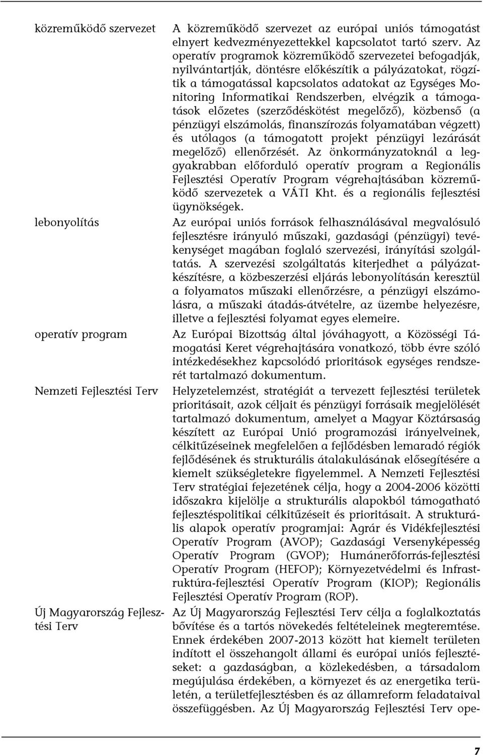 Az operatív programok közreműködő szervezetei befogadják, nyilvántartják, döntésre előkészítik a pályázatokat, rögzítik a támogatással kapcsolatos adatokat az Egységes Monitoring Informatikai