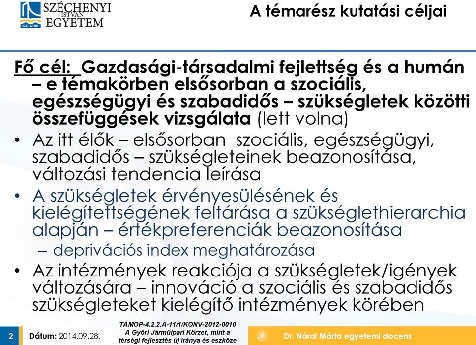 kielégítettségének feltárása a szükséglethierarchia alapján értékpreferenciák beazonosítása deprivációs index meghatározása Az intézmények reakciója a szükségletek/igények