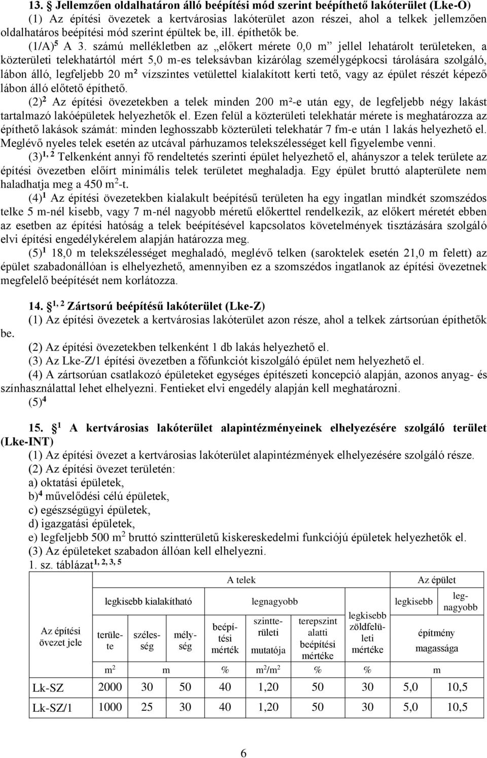 számú mellékletben az előkert mérete 0,0 m jellel lehatárolt területeken, a közterületi telekhatártól mért 5,0 m-es teleksávban kizárólag személygépkocsi tárolására szolgáló, lábon álló, legfeljebb