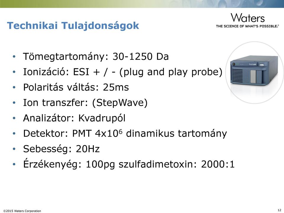 Analizátor: Kvadrupól Detektor: PMT 4x10 6 dinamikus tartomány Sebesség: