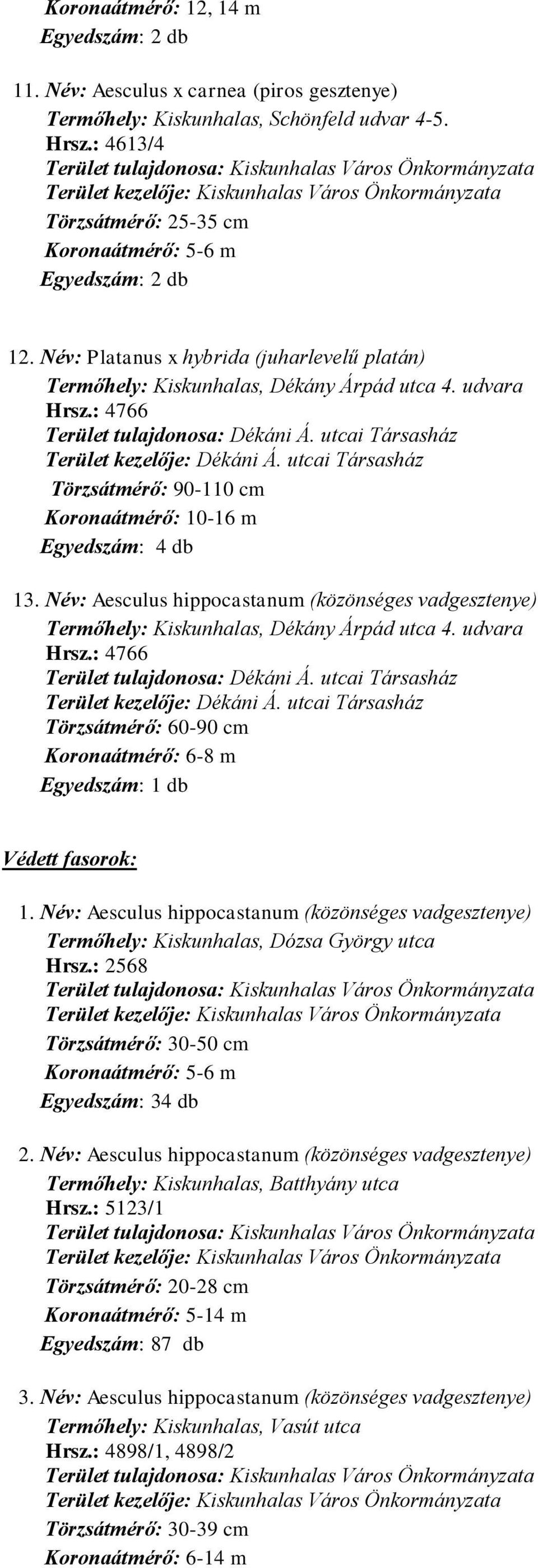 utcai Társasház Törzsátmérő: 90-110 cm Koronaátmérő: 10-16 m Egyedszám: 4 db 13. Név: Aesculus hippocastanum (közönséges vadgesztenye) Termőhely: Kiskunhalas, Dékány Árpád utca 4. udvara Hrsz.