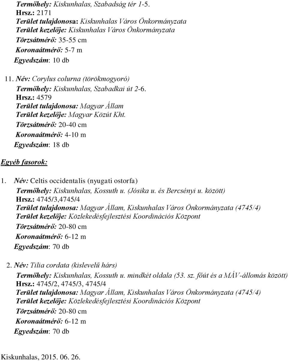 Név: Celtis occidentalis (nyugati ostorfa) Termőhely: Kiskunhalas, Kossuth u. (Jósika u. és Bercsényi u. között) Hrsz.