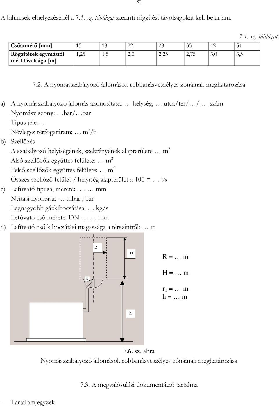 28 35 42 54 Rögzítések egymástól mért távolsága [m] 1,25 1,5 2,0 2,25 2,75 3,0 3,5 7.1. sz. táblázat 7.2. A nyomásszabályozó állomások robbanásveszélyes zónáinak meghatározása a) A nyomásszabályozó