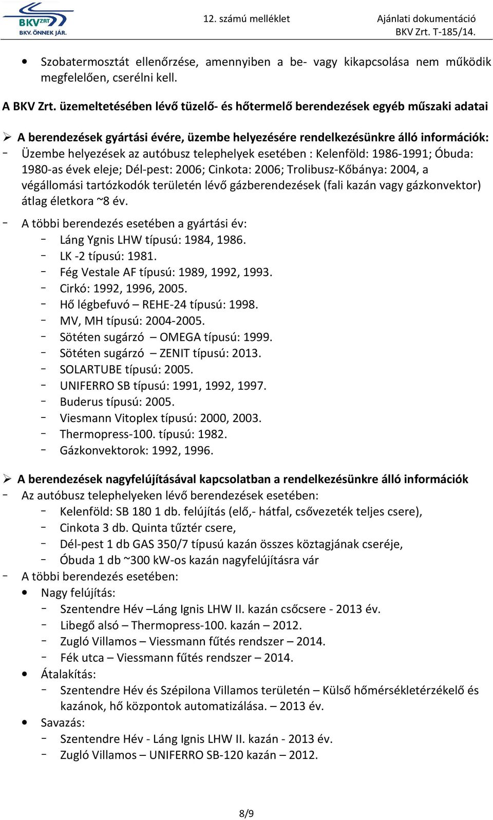 telephelyek esetében : Kelenföld: 1986-1991; Óbuda: 1980-as évek eleje; Dél-pest: 2006; Cinkota: 2006; Trolibusz-Kőbánya: 2004, a végállomási tartózkodók területén lévő gázberendezések (fali kazán