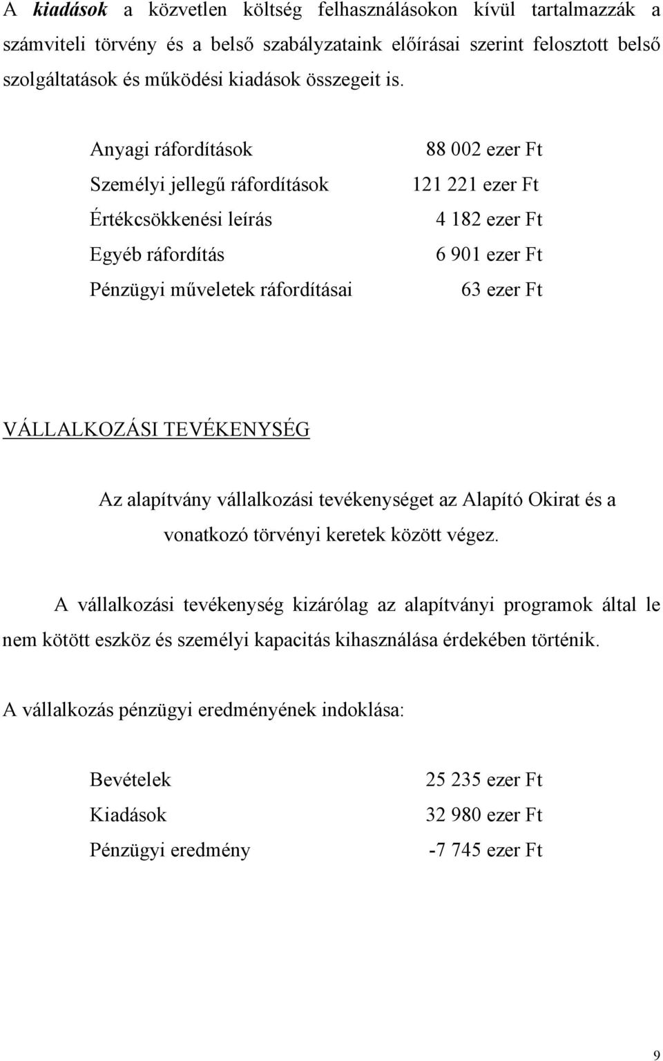 VÁLLALKOZÁSI TEVÉKENYSÉG Az alapítvány vállalkozási tevékenységet az Alapító Okirat és a vonatkozó törvényi keretek között végez.