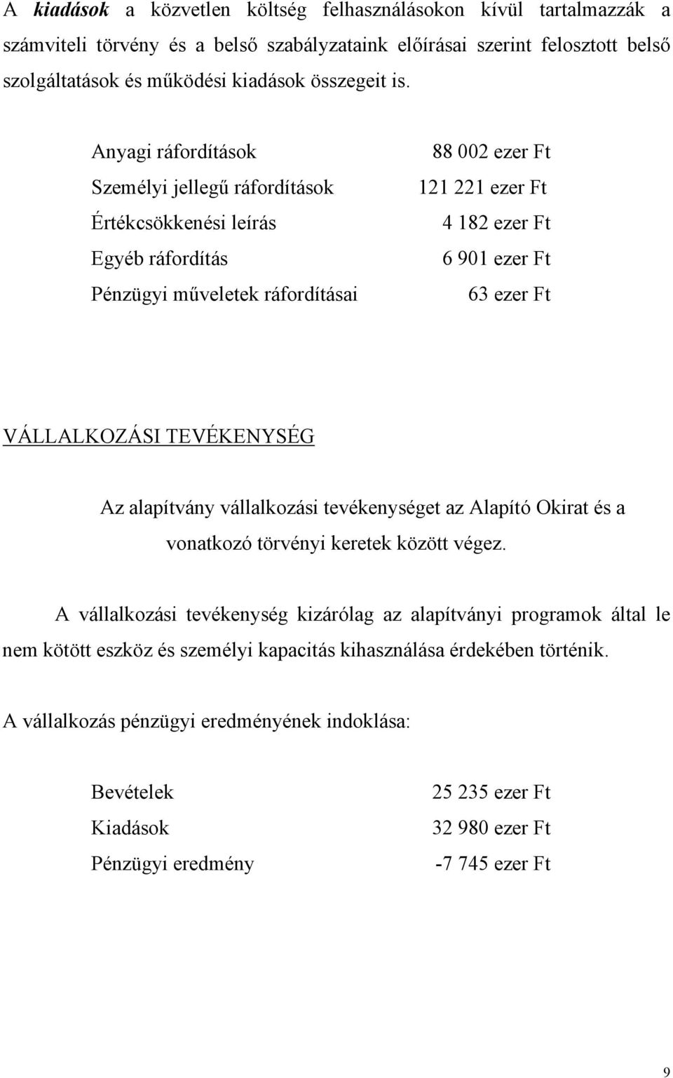 VÁLLALKOZÁSI TEVÉKENYSÉG Az alapítvány vállalkozási tevékenységet az Alapító Okirat és a vonatkozó törvényi keretek között végez.