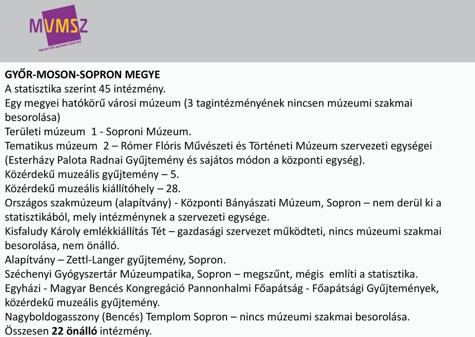 Közérdekű muzeális kiállítóhely 28. Országos szakmúzeum (alapítvány) - Központi Bányászati Múzeum, Sopron nem derül ki a statisztikából, mely intézménynek a szervezeti egysége.