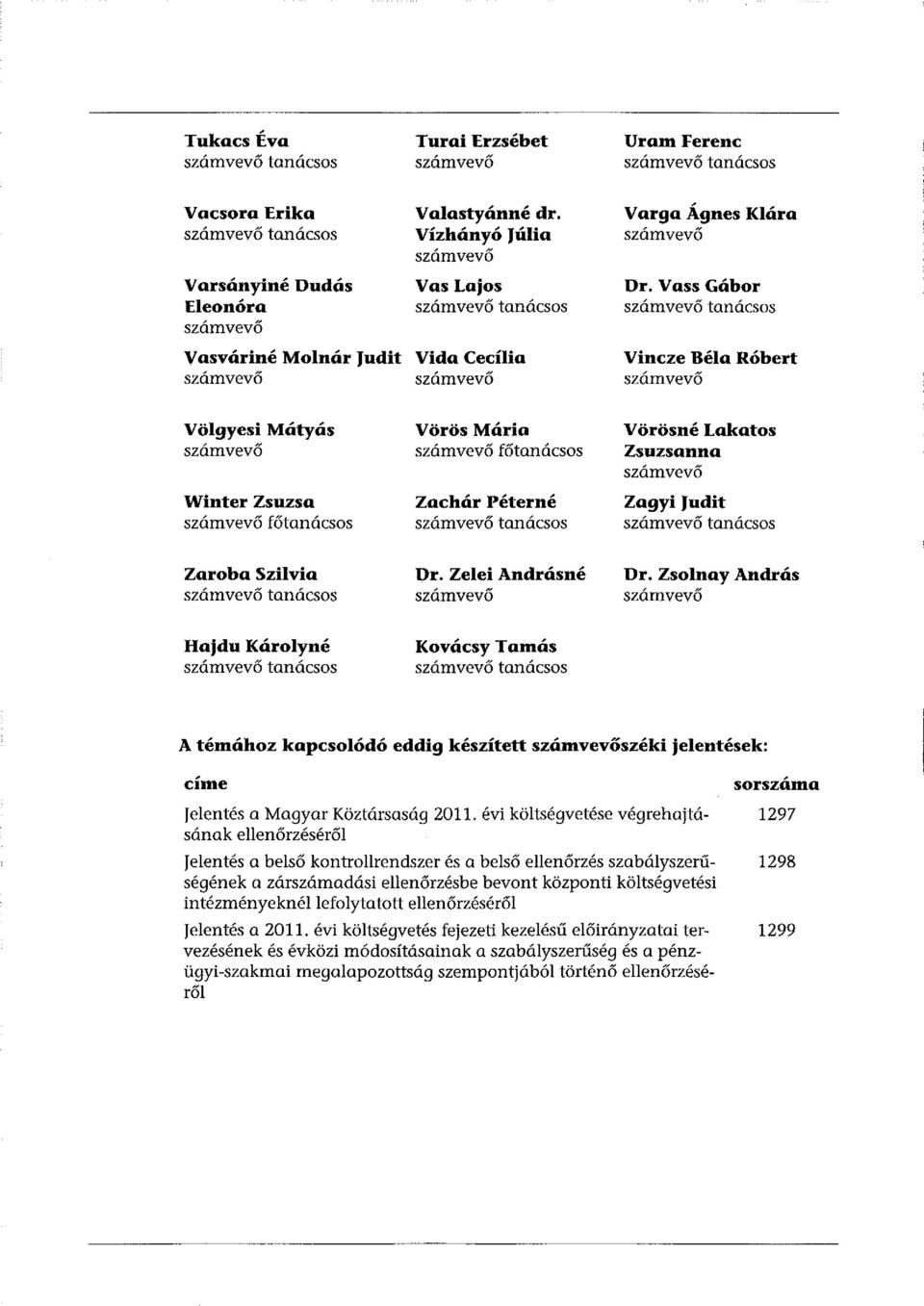 Vass Gábor számvevő tanácsos Vasváriné Molnár Judit Vida Cecília számvevő számvevő Vincze Béla Róbert számvevő Völgyesi Mátyás számvevő Winter Zsuzsa számvevő főtanácsos Vörös Mária számvevő