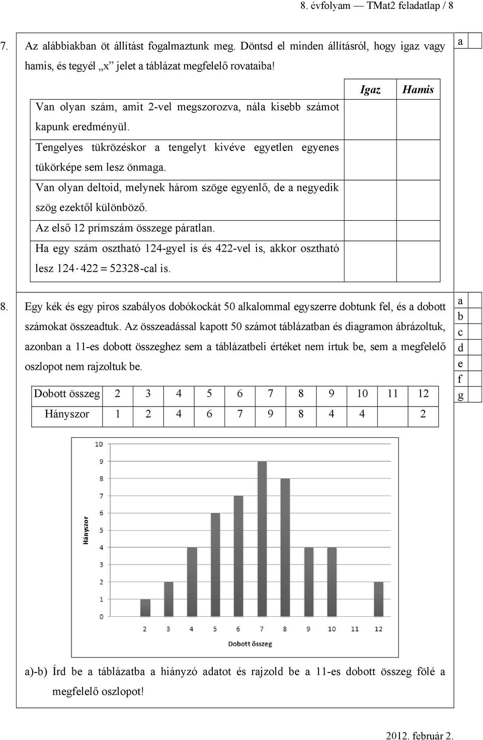 Vn olyn eltoi, melynek három szöge egyenlő, e negyeik szög ezektől különöző. Az első 12 prímszám összege pártln. H egy szám oszthtó 124-gyel is és 422-vel is, kkor oszthtó lesz 124 422 = 52328-l is.