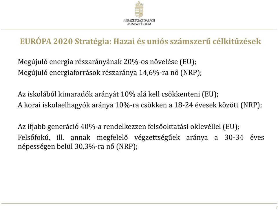 korai iskolaelhagyók aránya 10%-ra csökken a 18-24 évesek között (NRP); Az ifjabb generáció 40%-a rendelkezzen