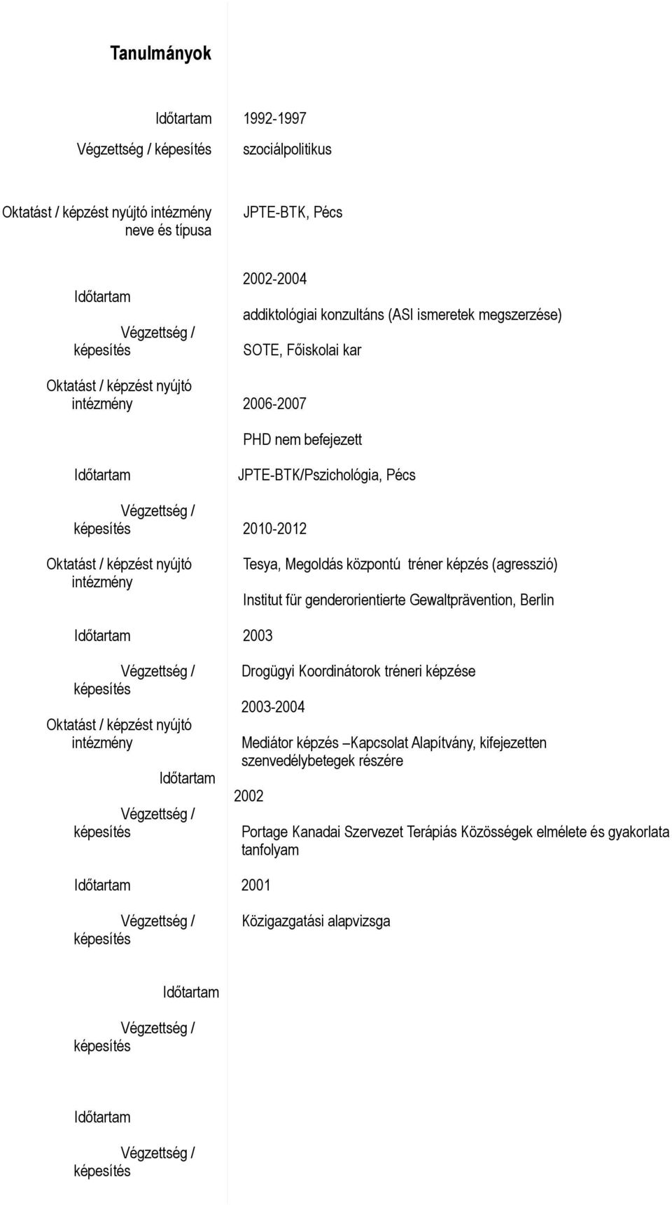2010-2012 Tesya, Megoldás központú tréner képzés (agresszió) Institut für genderorientierte Gewaltprävention, Berlin 2003 Drogügyi Koordinátorok tréneri képzése 2003-2004
