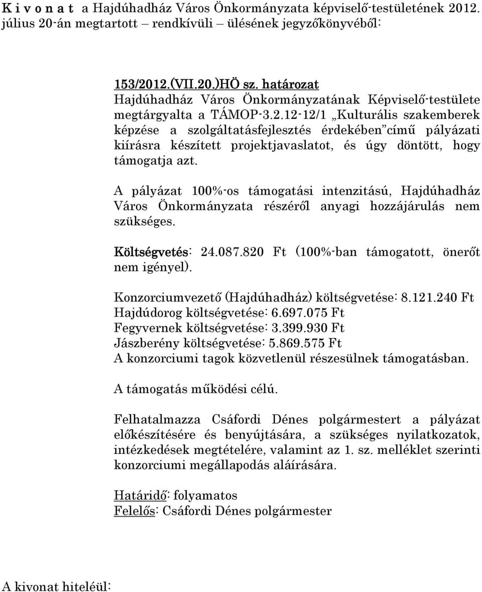 12-12/1 Kulturális szakemberek képzése a szolgáltatásfejlesztés érdekében című pályázati kiírásra készített projektjavaslatot, és úgy döntött, hogy támogatja azt.