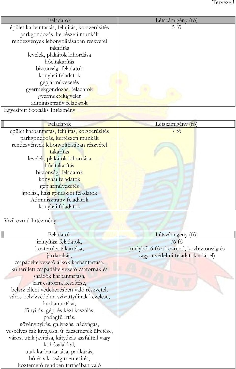 házi gondozói feladatok Adminisztratív feladatok konyhai feladatok Létszámigény 5 fő Létszámigény 7 fő Víziközmű Intézmény Feladatok irányítási feladatok, közterület takarítása, járdarakás,