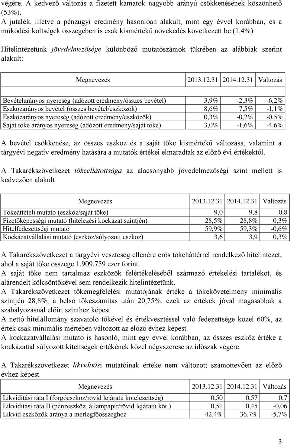 Hitelintézetünk jövedelmezősége különböző mutatószámok tükrében az alábbiak szerint alakult: Megnevezés 2013.12.