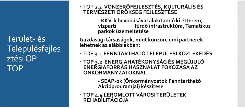 infrastruktúra, Tematikus parkok üzemeltetése Gazdasági társaságok, mint konzorciumi partnerek lehetnek az alábbiakban: TOP 3.