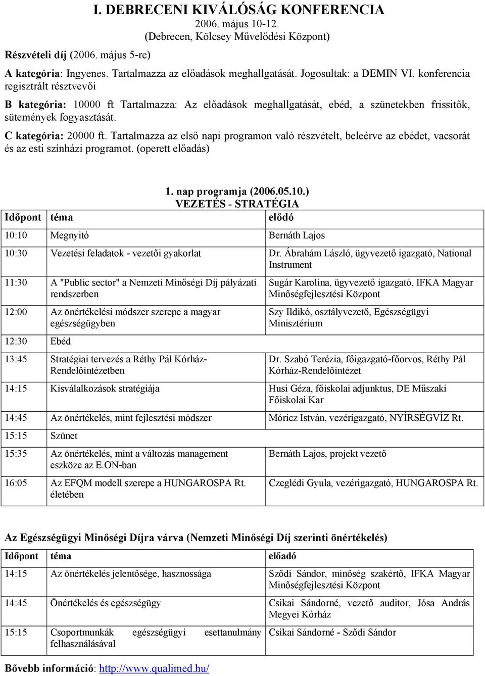 C kategória: 20000 ft. Tartalmazza az első napi programon való részvételt, beleérve az ebédet, vacsorát és az esti színházi programot. (operett előadás) Időpont téma 1. nap programja (2006.05.10.