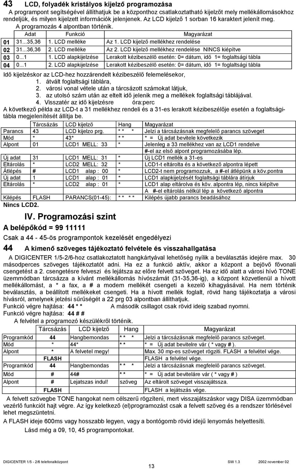 ..36,36 2. LCD melléke Az 2. LCD kijelző mellékhez rendelése NINCS kiépítve 03 0...1 1. LCD alapkijelzése Lerakott kézibeszélő esetén: 0= dátum, idő 1= foglaltsági tábla 04 0...1 2.