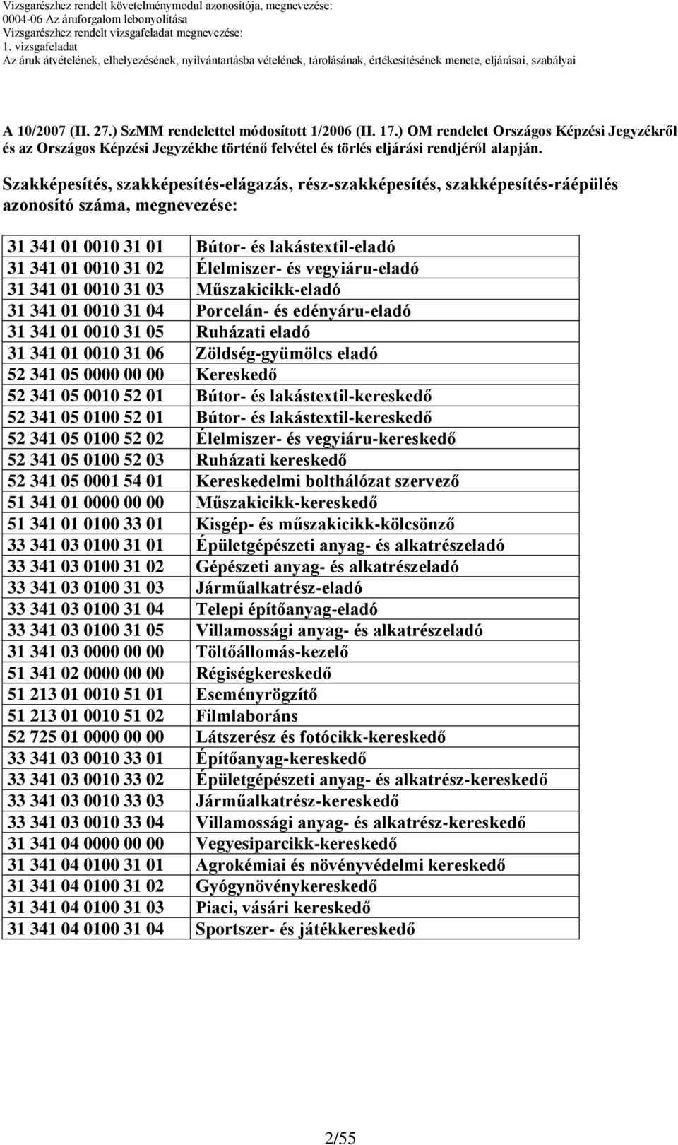 vegyiáru-eladó 31 341 01 00 31 03 Műszakicikk-eladó 31 341 01 00 31 04 Porcelán- és edényáru-eladó 31 341 01 00 31 05 Ruházati eladó 31 341 01 00 31 06 Zöldség-gyümölcs eladó 52 341 05 0000 00 00